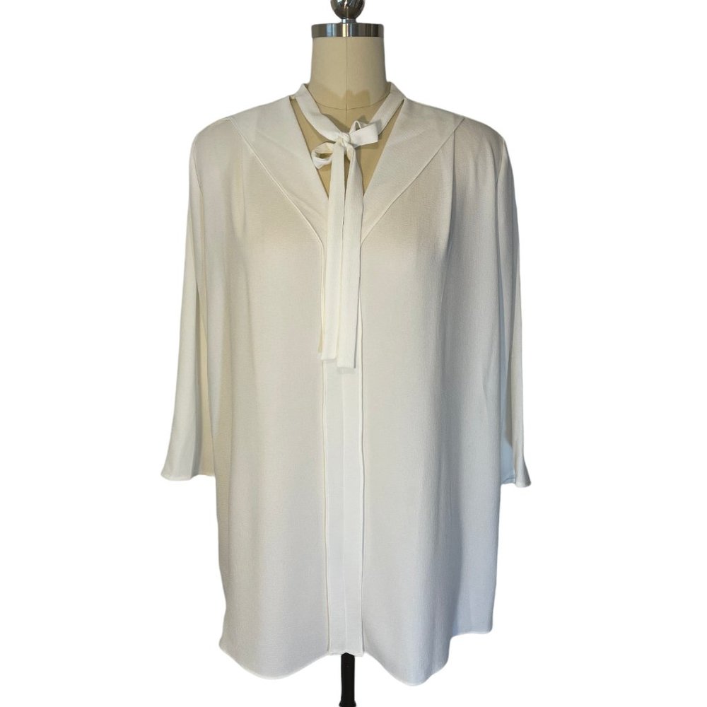 Maternal America White Tie Neck Tunic Blouse V Neck  3/4 Sleeve sz M $86 NWT!